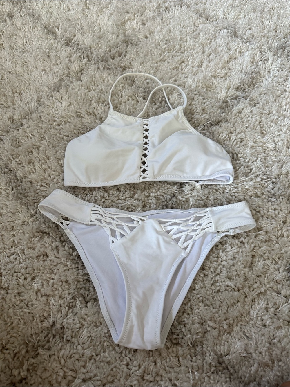 Cupshe White Macramé High-Neck Bikini Set
